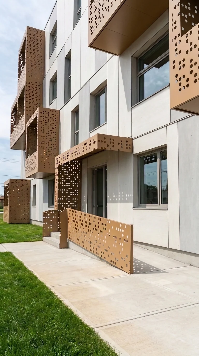 Apartment building in Opava, detail of perforated metal screens