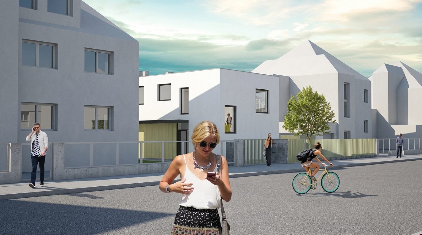 Architektonická studie bytového domu v Hradci Králové, pohled z ulice na navrhovaný bytový dům, ing. arch. Pavla Tylichová