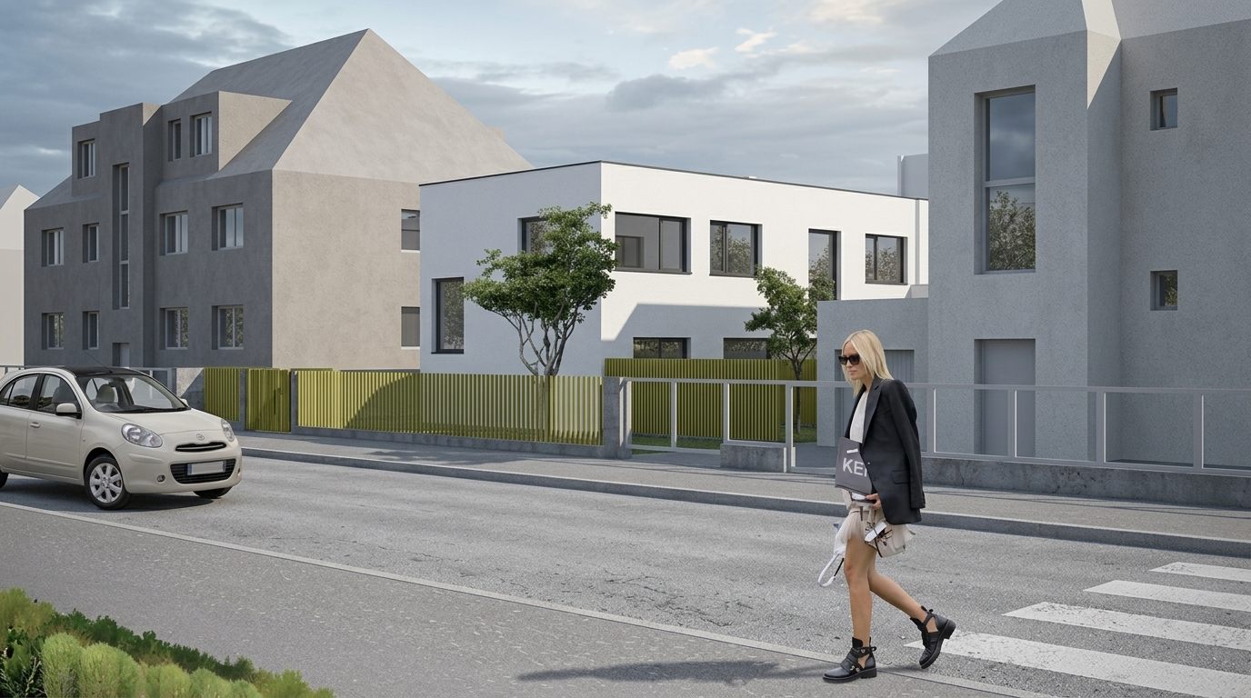 Architektonická studie bytového domu v Hradci Králové, uliční pohled na bytový dům, ing. arch. Pavla Tylichová