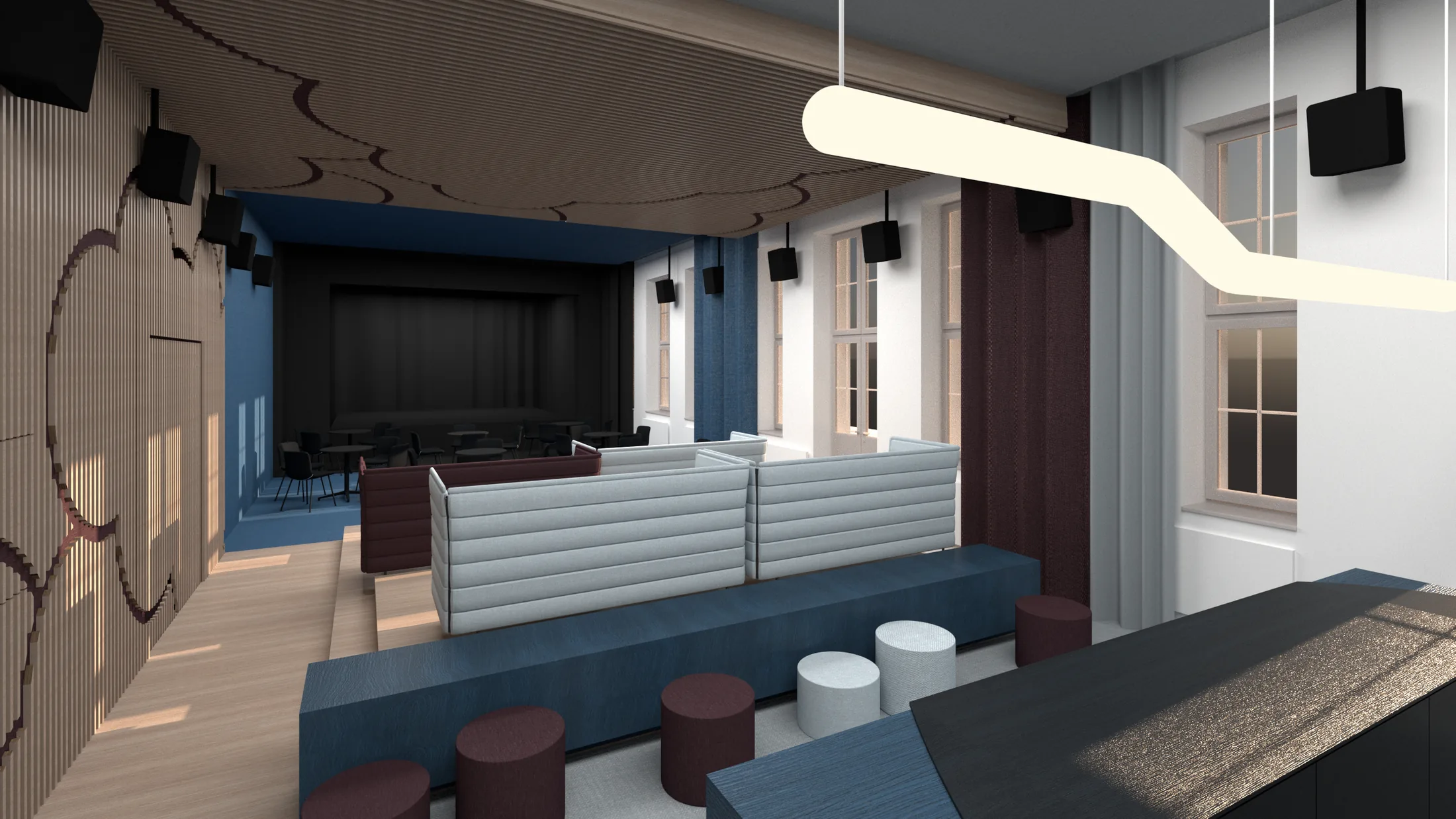 Návrh interiéru kinokavárny, Pardubice, design interiéru, členění prostoru. ing. arch. Pavla Tylichová