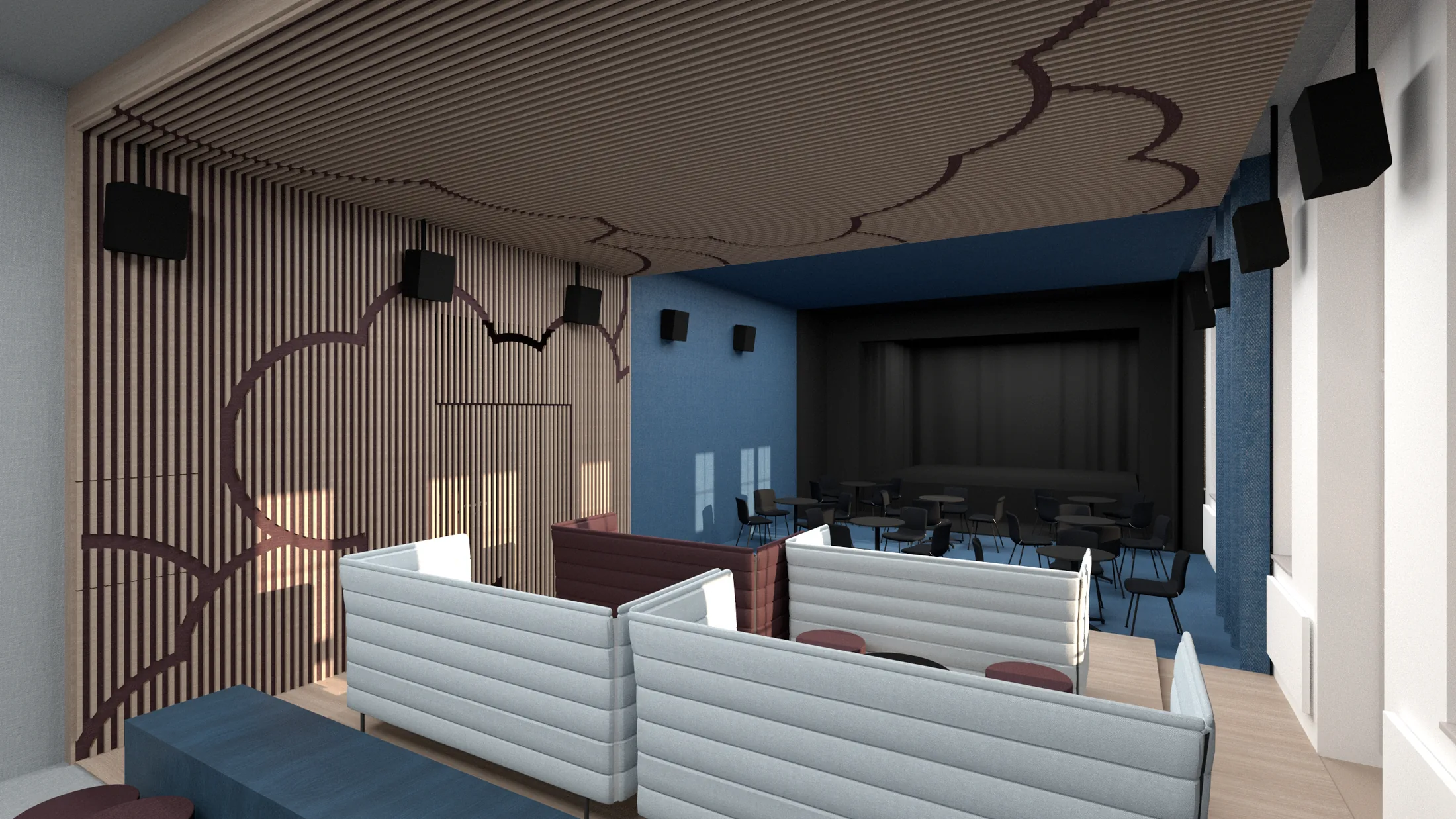 akustický podhled s lamelami Návrh interiéru kinokavárny, Pardubice, design interiéru, členění prostoru. ing. arch. Pavla Tylichová