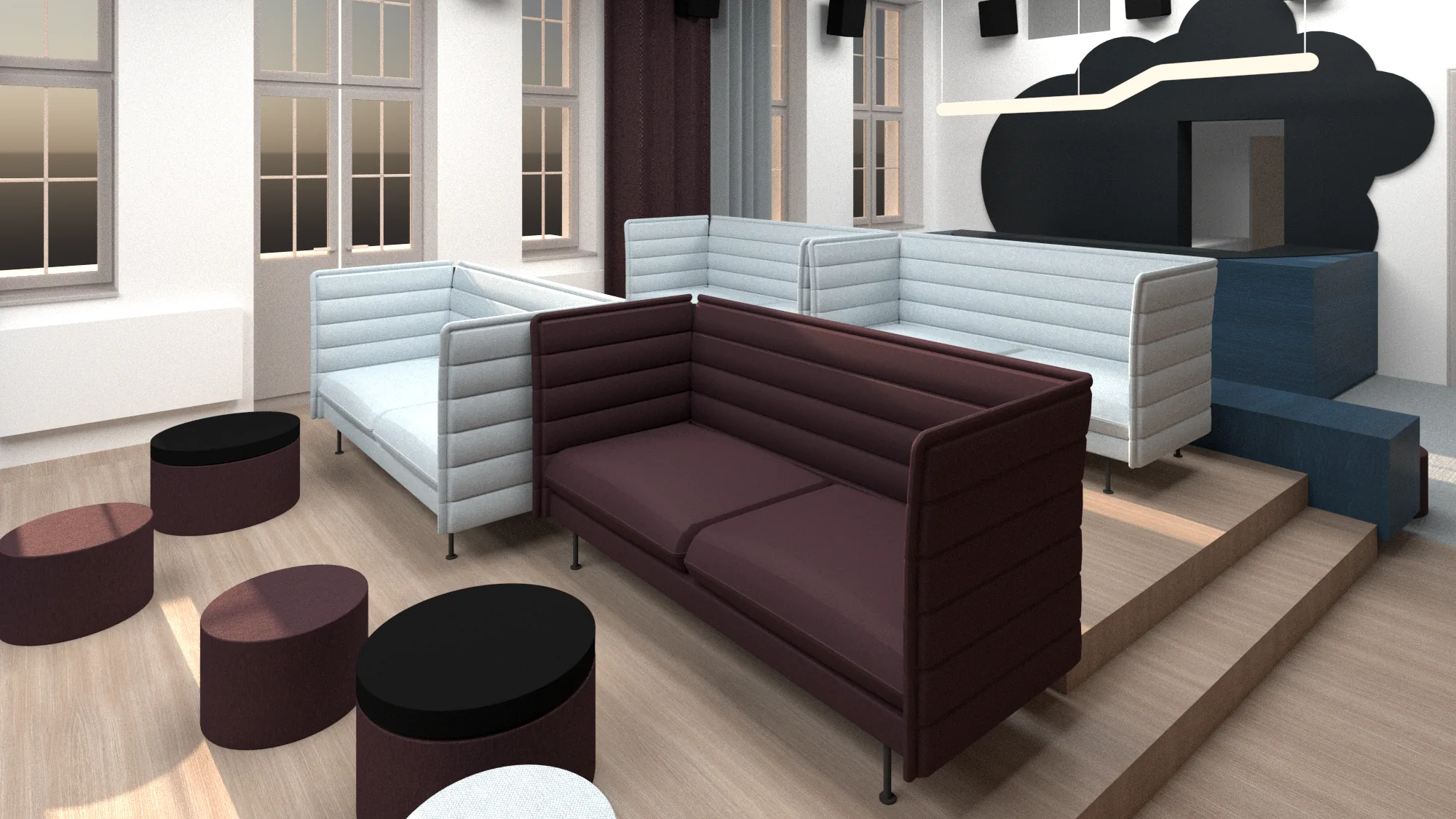 kavárenské sezení zálivy boxy Návrh interiéru kinokavárny, Pardubice, design interiéru, členění prostoru. ing. arch. Pavla Tylichová