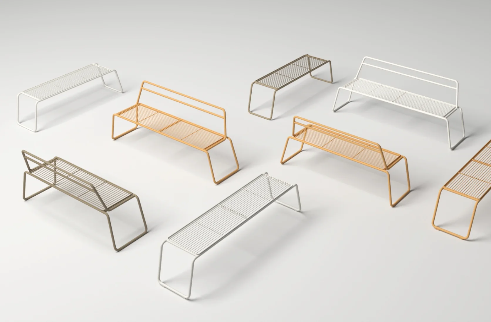 lavice a lavičky Line Solo s navazujícími stoly a doplňky, produktový design venkovního mobiliáře