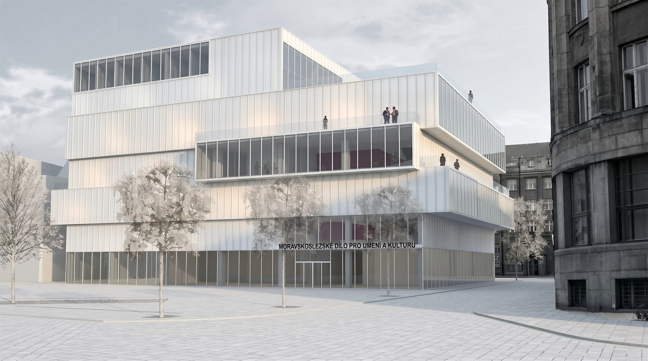 kulturní dům múzická umění ostrava Moravskoslezský dům pro umění a kulturu ostrava vstupní fasáda, pochůzí ochozy, vykonzolovaná hmota. Architektura, projekt, skleněná fasáda, konzoly, ing. arch. Pavla Tylichová