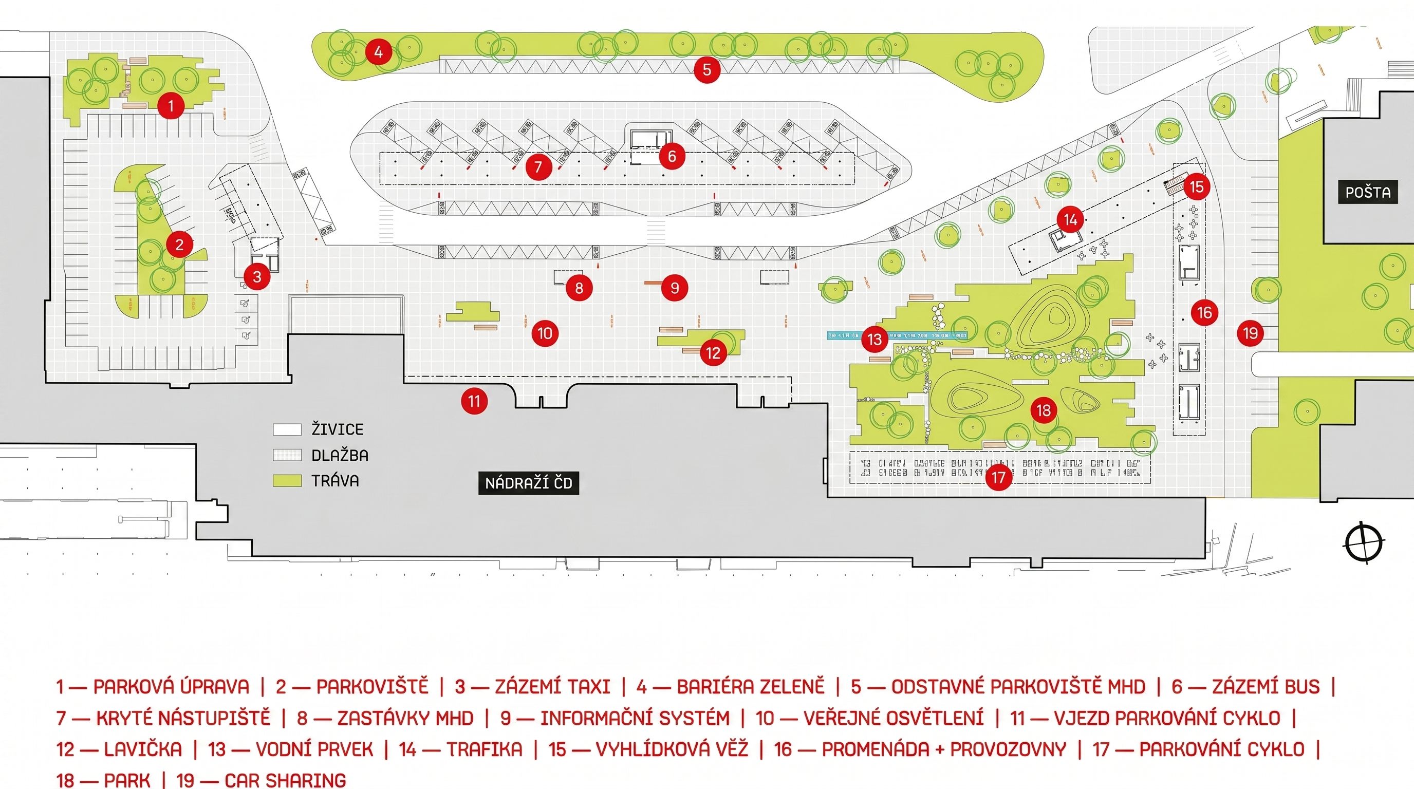 návrh prostoru Pardubického přednádraží, architektonické pohledy a řezy