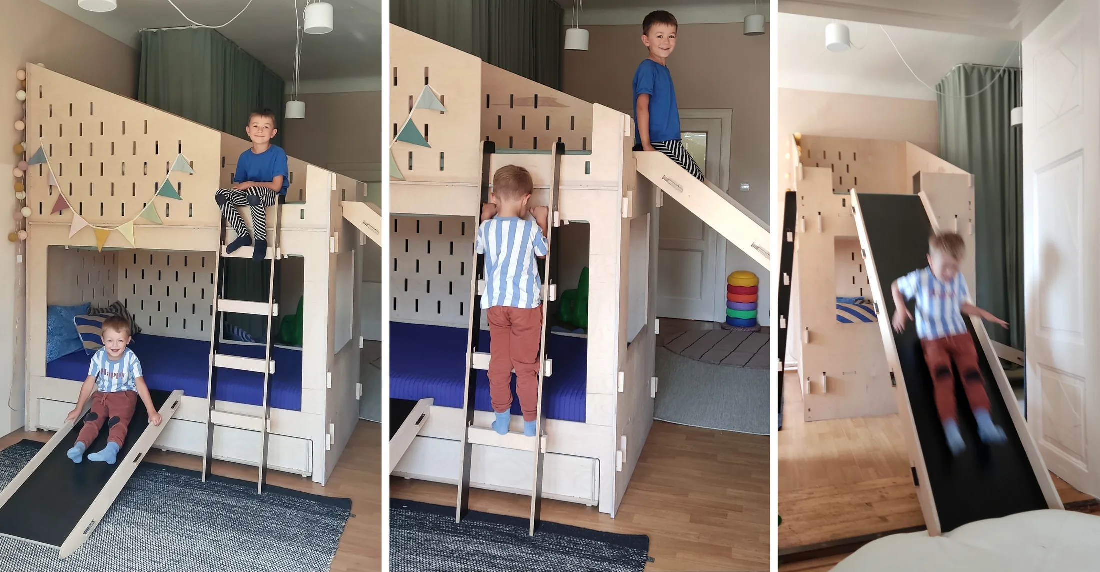 různé úrovně umístění klouzaček a žebříku designová minimalistická patrová postel s klouzačkami mixmag